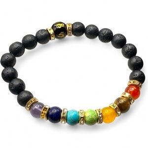 Lava Stone and 7 Chakra Healing Stone Stretch Bracelet Gold Color Metal Accents